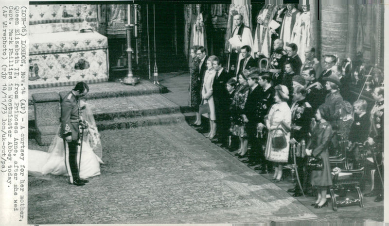 Bridesmaid Princess Anne and Captain Mark Philips bow to Queen Elizabeth II after the wedding ceremony of Westminster Abbey - Vintage Photograph