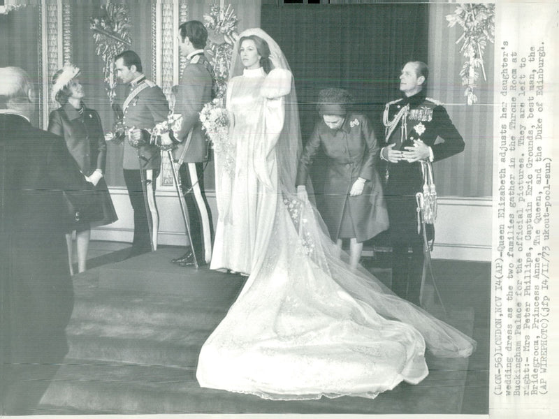 Peter Phillips, Eric Grounds, Captain Mark Philips, Princess Anne, Queen Elizabeth II and Duke of Edinburgh in the Trumpeter Hall at Buckingham Palace - Vintage Photograph