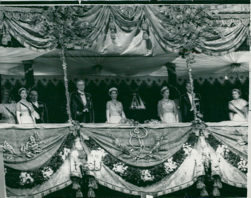 Princess Margaret, King Gustaf VI Adolf, Queen Elizabeth II, Queen Louise and Duchess of Gloucester at the Covent Garden Opera House - Vintage Photograph