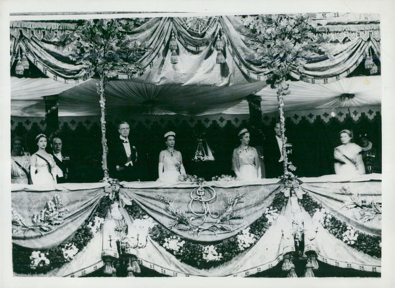 Princess Margaret, King Gustaf VI Adolf, Queen Elizabeth II, Queen Louise, Prince Philip and Duchess of Gloucester at the Covent Garden Opera House - Vintage Photograph