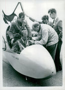 Prince Philip with Derek Piggett from Surrey Gliding Club in a glider after a test trip during the National Gliding Championships in 1957 - Vintage Photograph