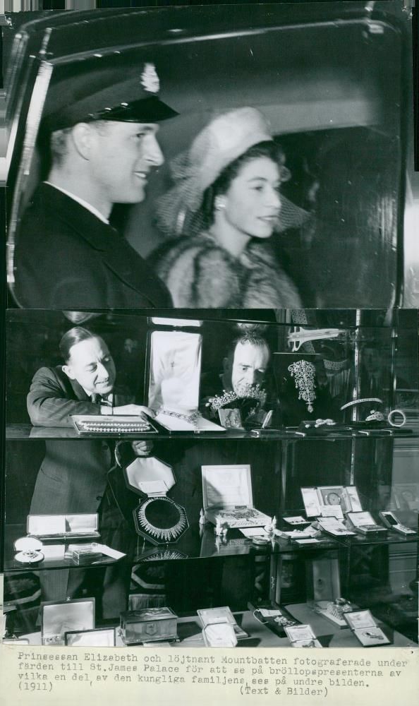 Queen Elizabeth II and Prince Philip on the way to St. James Palace to watch their wedding presents. The lower image shows some of the gifts - Vintage Photograph