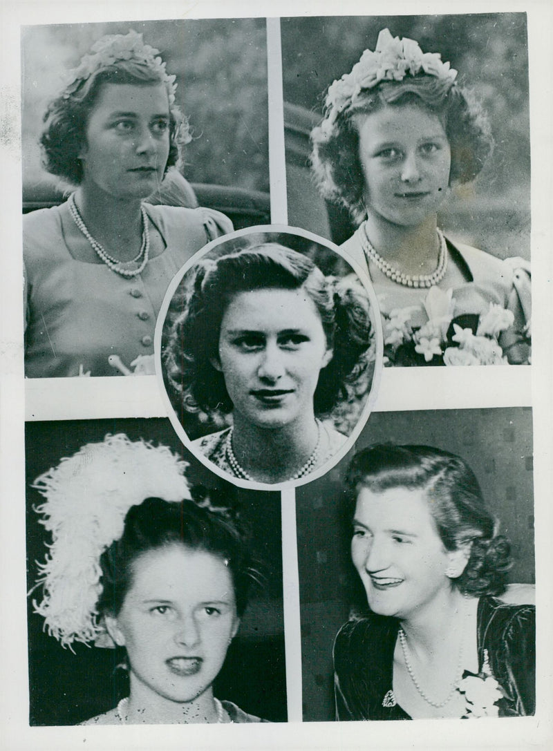 Queen Elizabeth II's Bridesmaids: Princess Margaret Rose, Pamela Mountblatten, Princess Alexandra of Kent, Caroline Montagu-Douglas-Scott and Margaret Elphinstone - Vintage Photograph