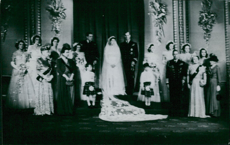 Group picture taken after reception at the Palace after the marriage between Queen Elizabeth II and Prince Philip - Vintage Photograph