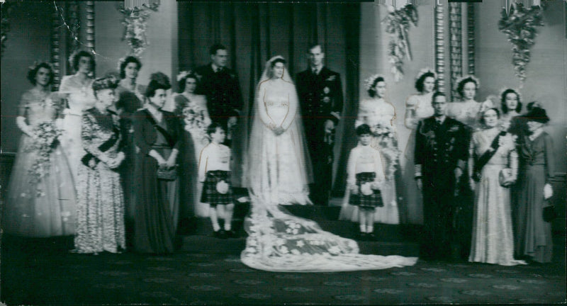 Group picture taken after reception at the Palace after the wedding of Queen Elizabeth II and Prince Philip - Vintage Photograph