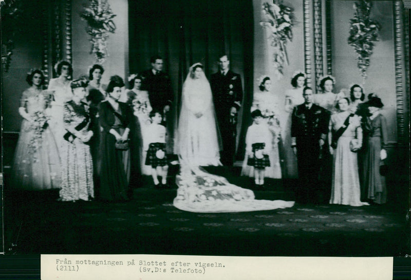 Group picture taken after reception at the Palace after marriage between Queen Elizabeth II and Prince Philip - Vintage Photograph