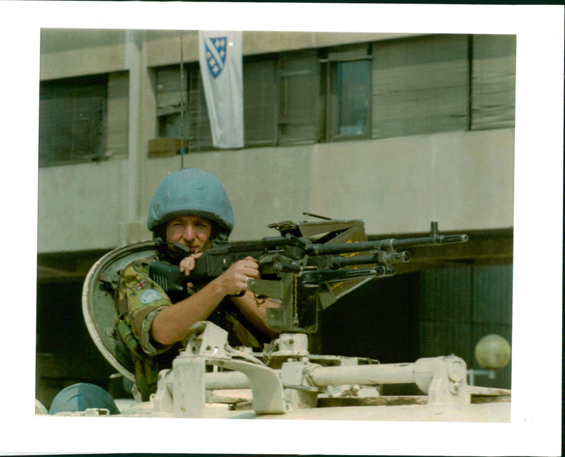 british soldier with machine gun. - Vintage Photograph