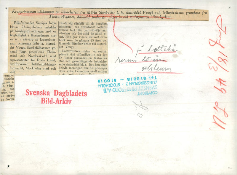 Crown Princess Louise is welcomed by MÃ¤rta Stenbeck at the Swedish National Lottery's 25th Anniversary in the Concert Hall - Vintage Photograph