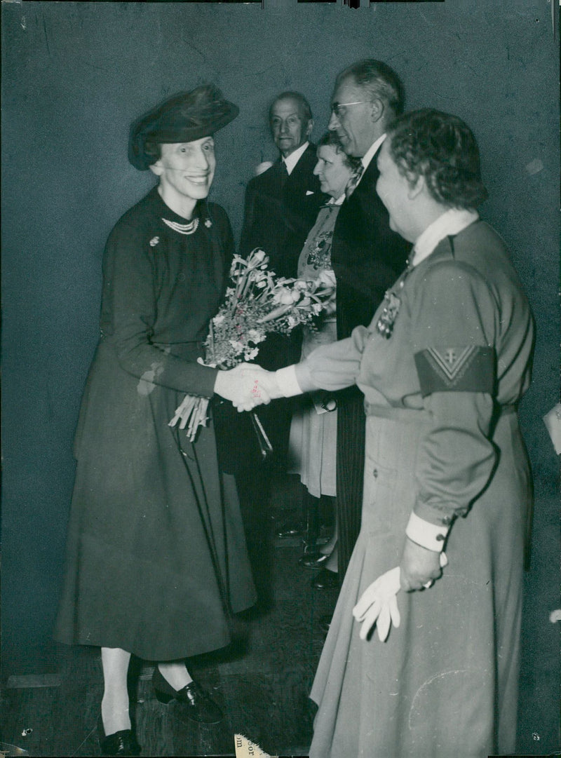 Crown Princess Louise is welcomed by MÃ¤rta Stenbeck at the Swedish National Lottery's 25th Anniversary in the Concert Hall - Vintage Photograph