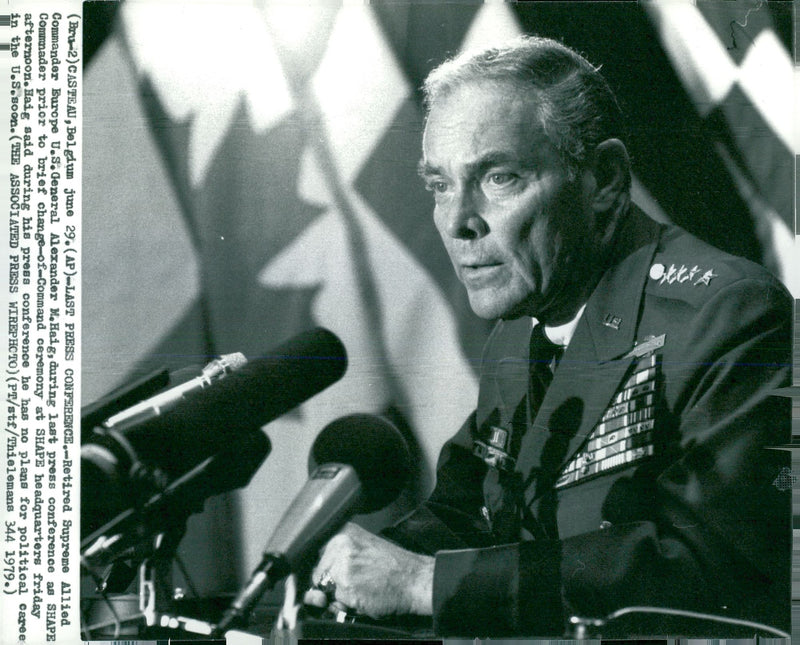 US politician Alexander Haig, F.D. The White House Chief of Staff speaks at the press conference SHAPE - Vintage Photograph