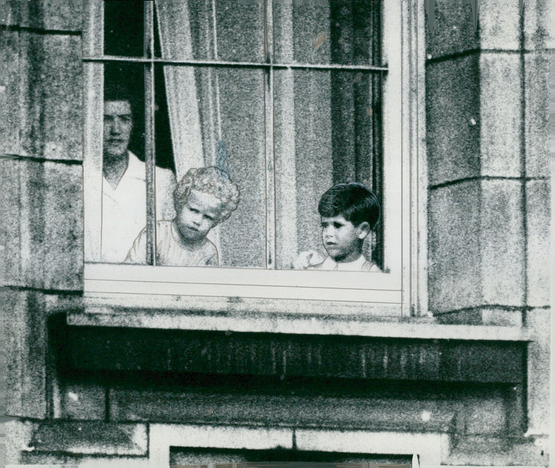 Prince Charles and the Princess Anne are watching London's Crown Day from a window at Buckingham Palace - Vintage Photograph