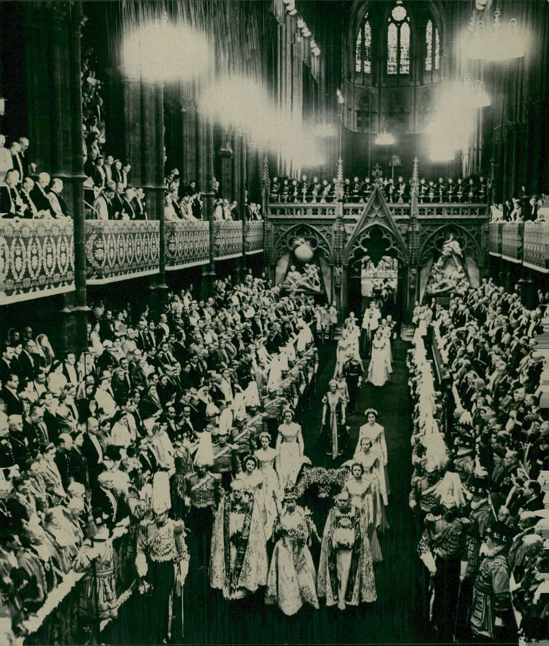 Queen Elizabeth II leads the procession out of Westminster Abbey after his crown - Vintage Photograph