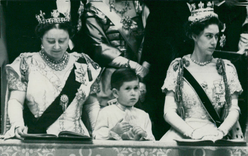 Prince Charles between Queen Mother and Princess Margaret under Queen Elizabeth II's Crown - Vintage Photograph