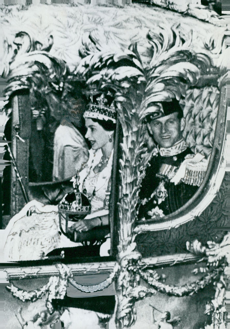 Queen Elizabeth II and the Duke of Edinburgh in his stroll on their way to Westminster Abbey and the Crown - Vintage Photograph