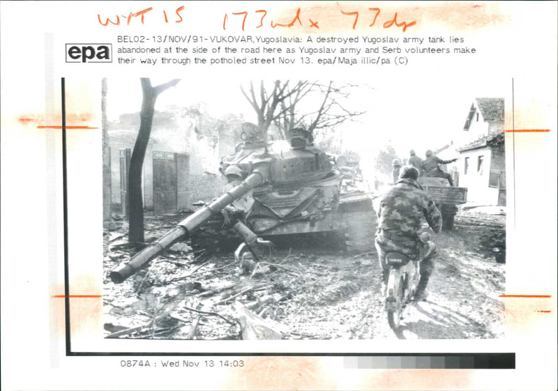 A destroyed yugoslav army tank. - Vintage Photograph