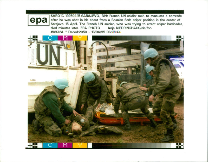 French UN Soldier was shot in his chest. - Vintage Photograph