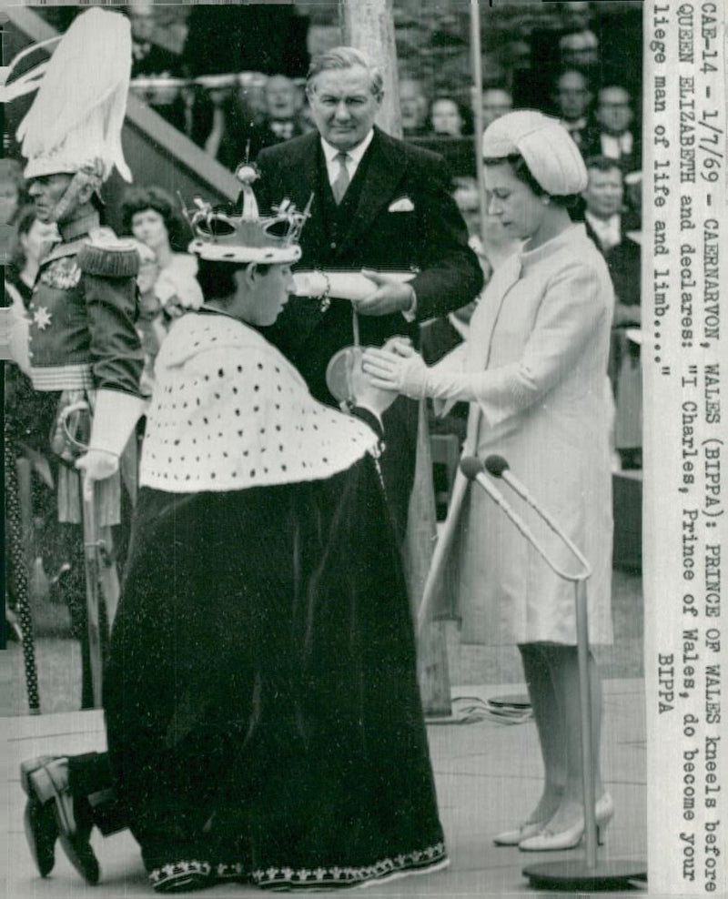 Prince Charles with Queen Elisabeth at the Crown of Prince of Wales - Vintage Photograph