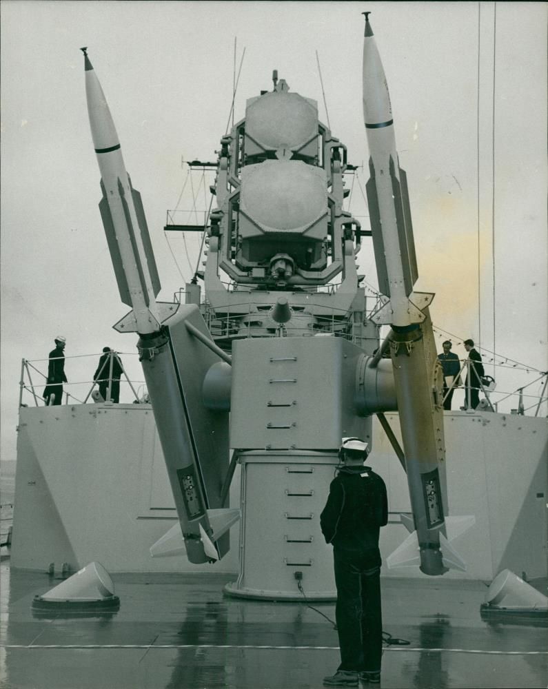 terrier guided missile: pointing skywards from a twin launcher. - Vintage Photograph