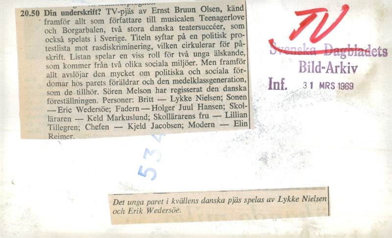 Lykke Nielsen and Erik WedersÃ¶e in the Danish TV-show Your signature? - Vintage Photograph