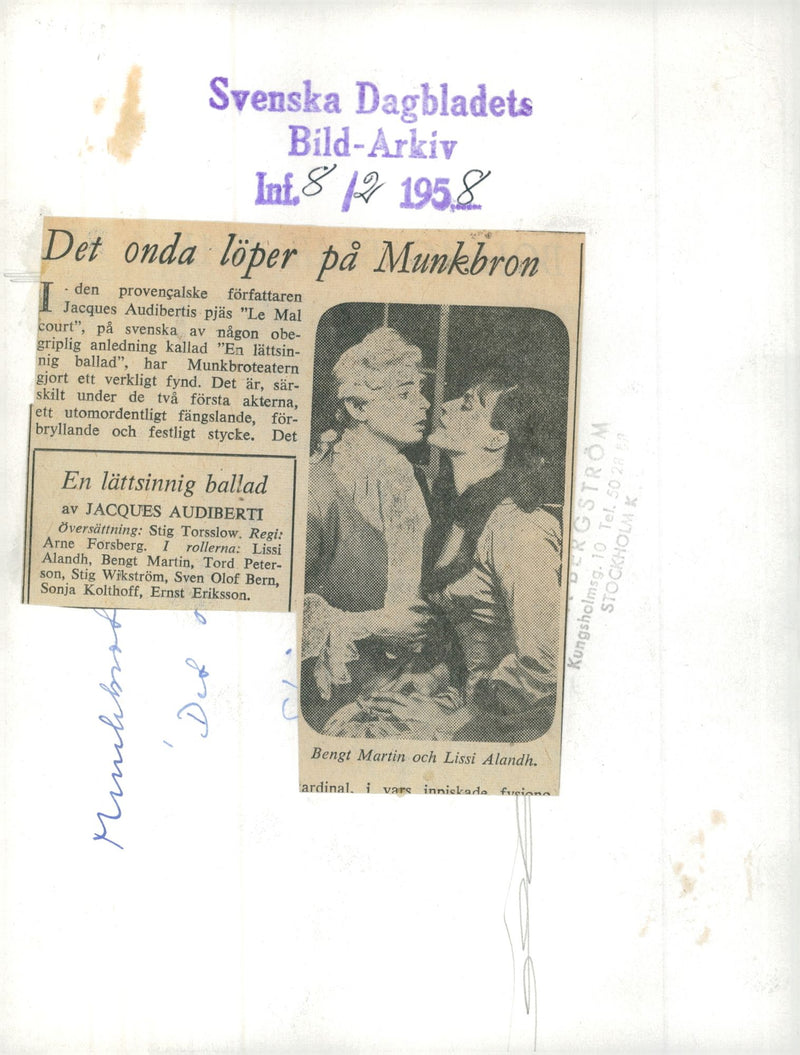 Bengt Martin and Lissi Alandh at Munkbroteatern - Vintage Photograph