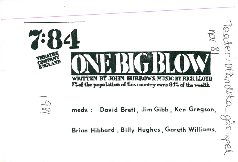 Gästspel från den engelska gruppen 7:84 Teaterföretag med "One Big Blow" på Bird Blue - Vintage Photograph