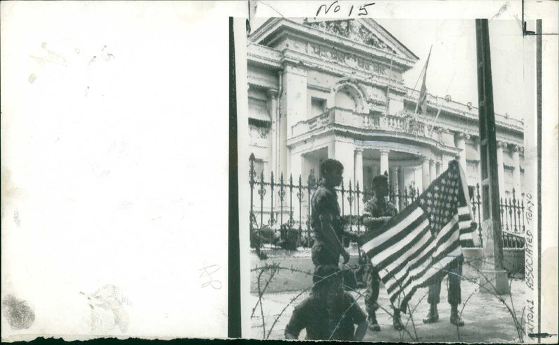 American flag at main entrance of Independence Palace during Vietnam War - Vintage Photograph