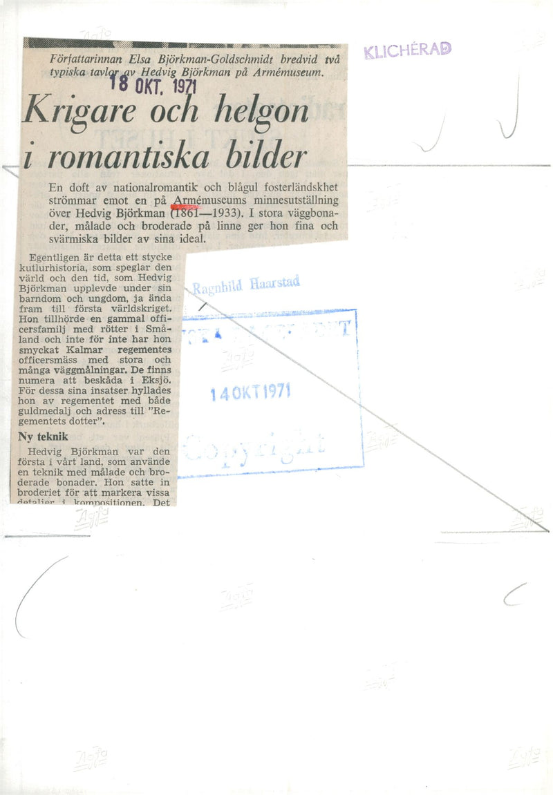 Writer Elsa BjÃ¶rkman-Goldschmidt next to two paintings by Hedvig BjÃ¶rkman at the Army Museum - Vintage Photograph