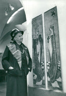 Writer Elsa BjÃ¶rkman-Goldschmidt next to two paintings by Hedvig BjÃ¶rkman at the Army Museum - Vintage Photograph