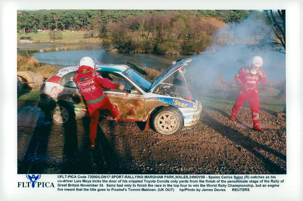 Spanish rally driver Carlos Sainz Toyota Corolla burned at Rally of Gr