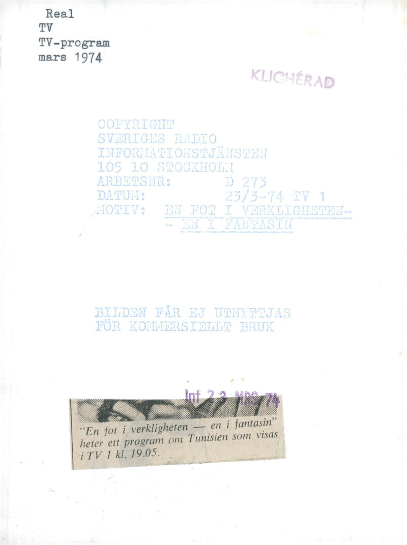 1974 PROGRAM ARBDISNR TUNISIA SWEDIO IMAGINATION BIOTIV TANT STAR POET JOHN JAZZ - Vintage Photograph