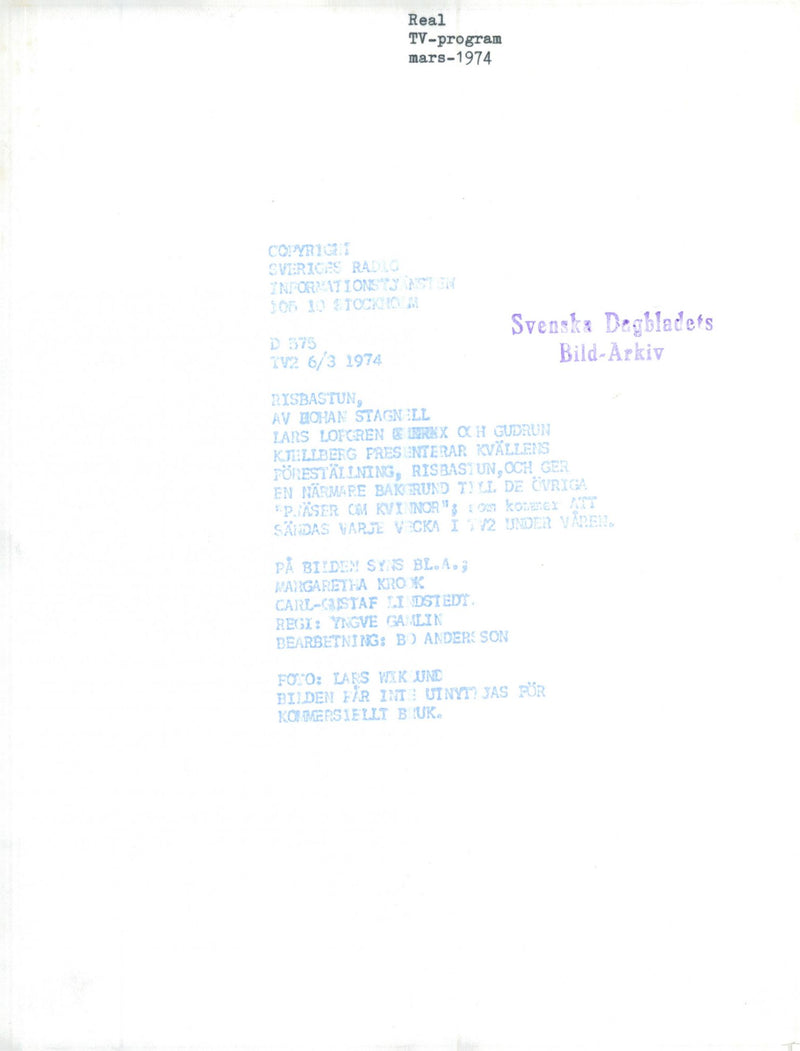 1974 PROGRAM SWEDEN NIT STAF REGI RISBAST YNGVE BEREX ANSTEN STAR POET JOHN JAZZ - Vintage Photograph