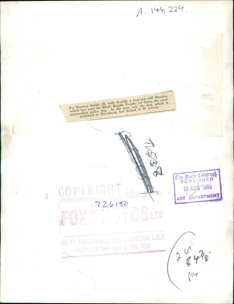 P.C Terence Smith with Arnold the police dogs. - Vintage Photograph