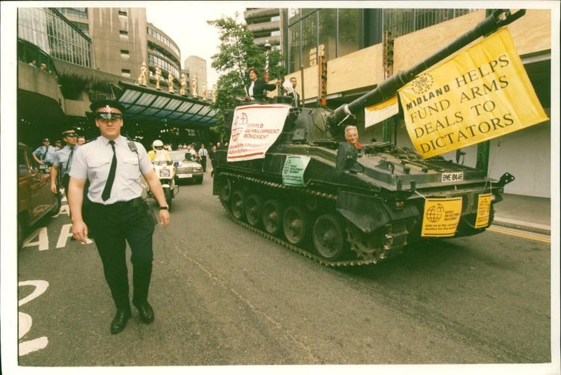 Midland Bank AGM protest with placards and a tank - Vintage Photograph