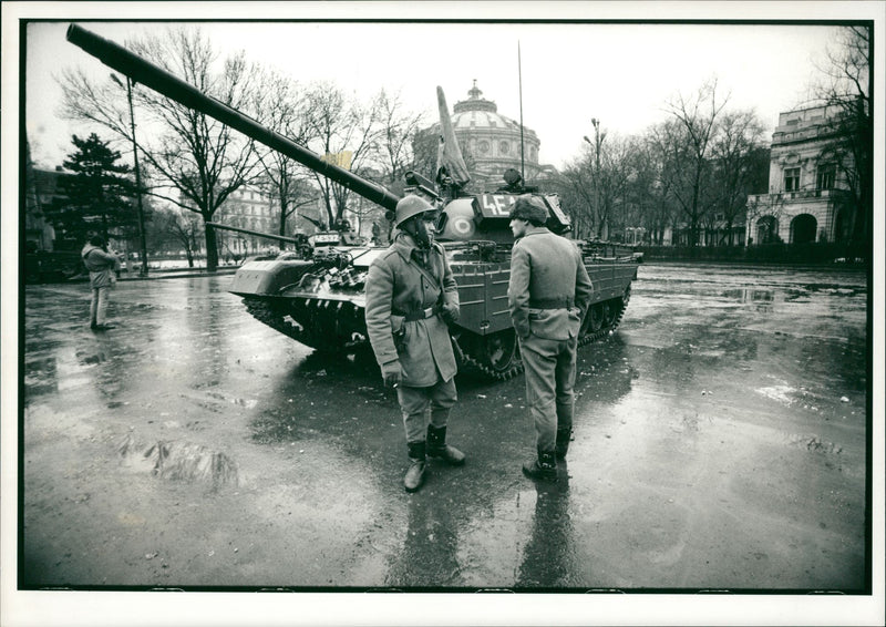 Soldiers with a tank. - Vintage Photograph