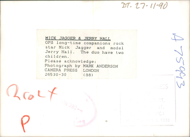 Mike Jagger and Jerry Hall. - Vintage Photograph