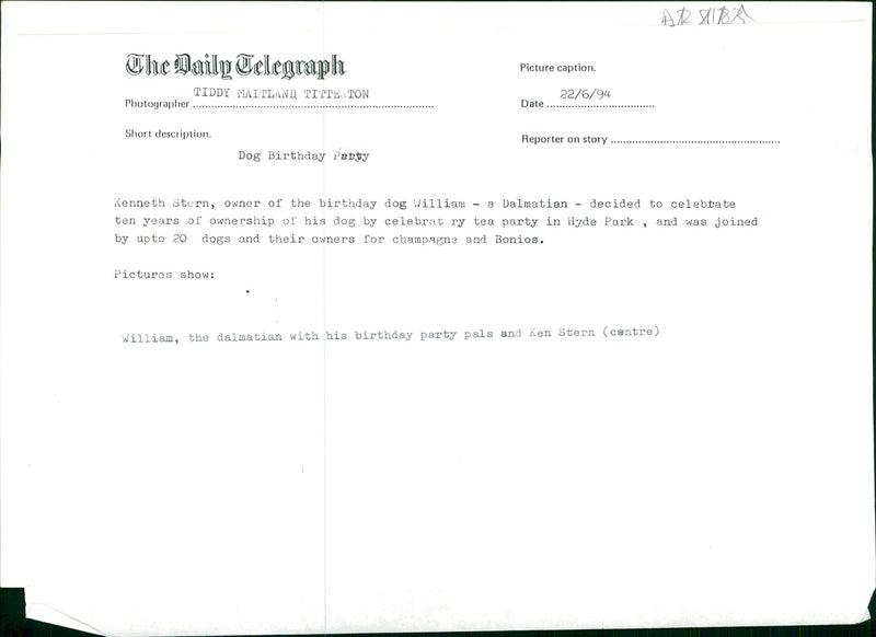 Kenneth Stern the birthday dog William, a dalmatian. - Vintage Photograph