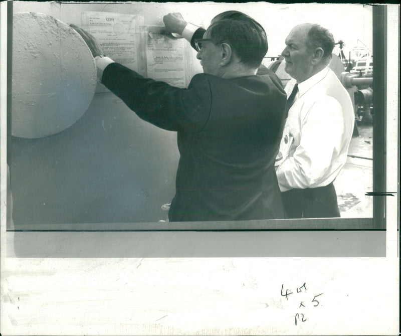 Writs being fixed to the superstructure of the Court Line tanker. - Vintage Photograph