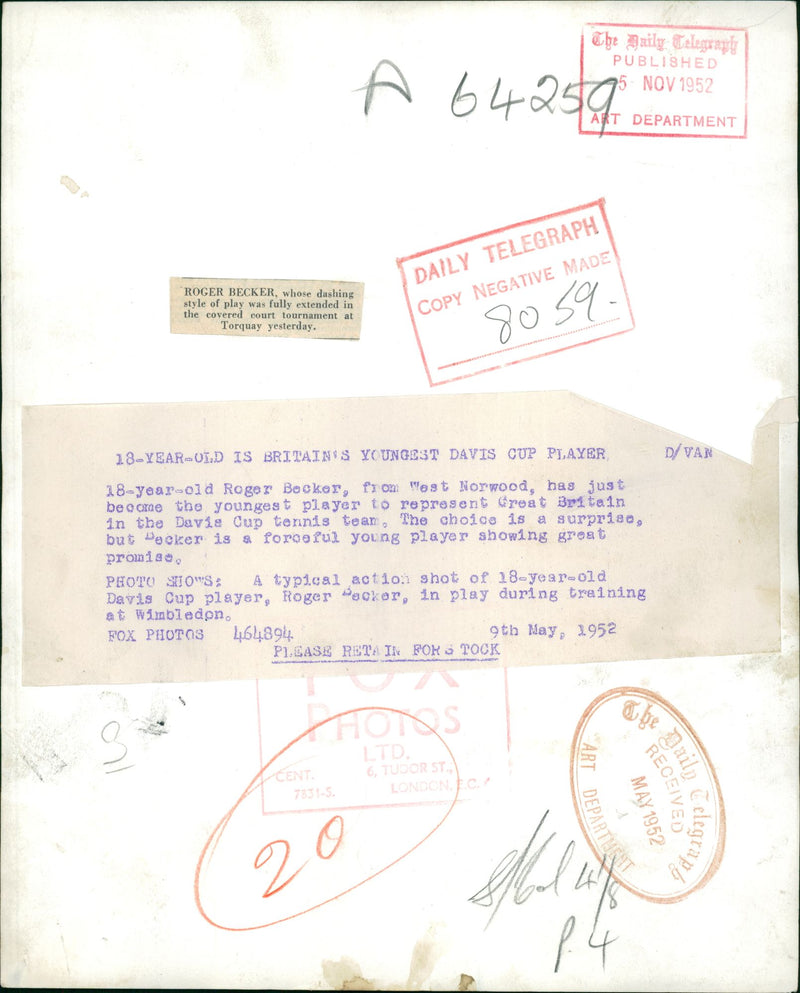 Roger Becker British tennis player. - Vintage Photograph