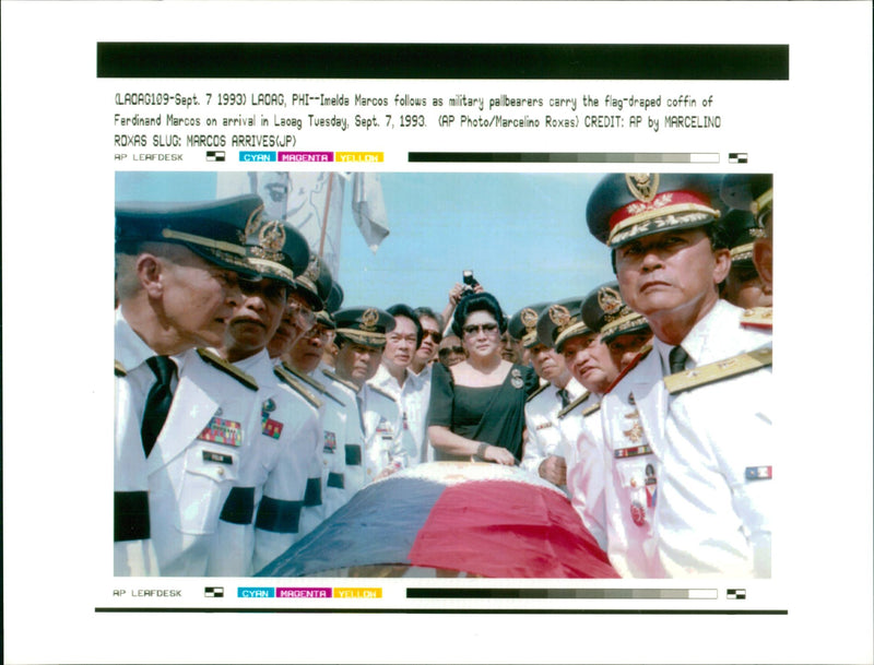 Ferdinand Marcos's wife follows as military carry his coffin. - Vintage Photograph