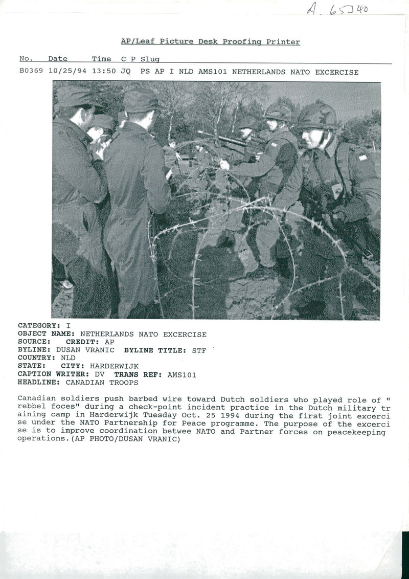 Canadian soldiers push barbed wire toward dutch soldiers who played role of rebbel foces. - Vintage Photograph