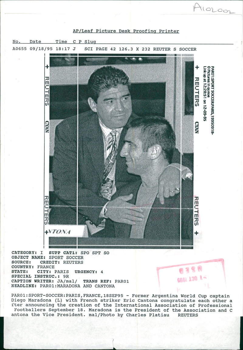 Diego Maradona Argentine footballer with french striker eric cantona. - Vintage Photograph