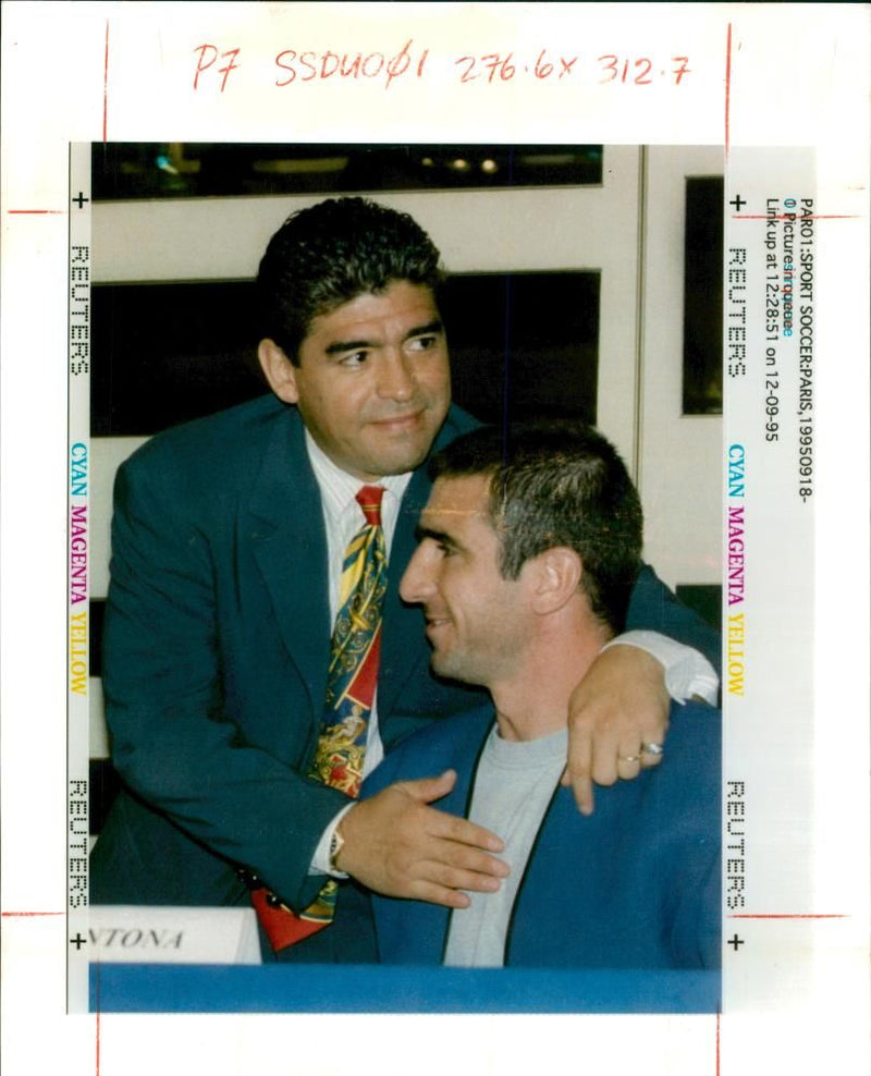 Diego Maradona Argentine footballer with french striker eric cantona. - Vintage Photograph