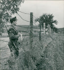 A soldier beside a barrier. - Vintage Photograph