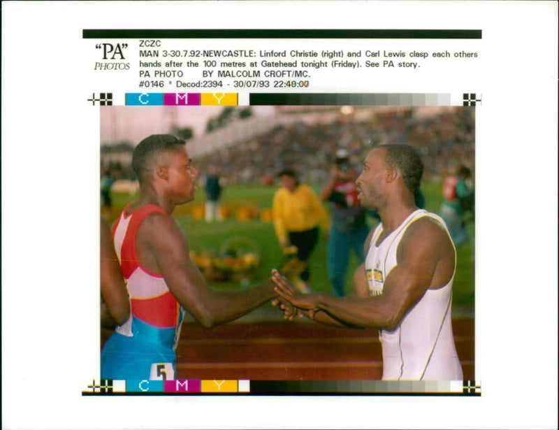 Linford Christie with Carl Lewis. - Vintage Photograph