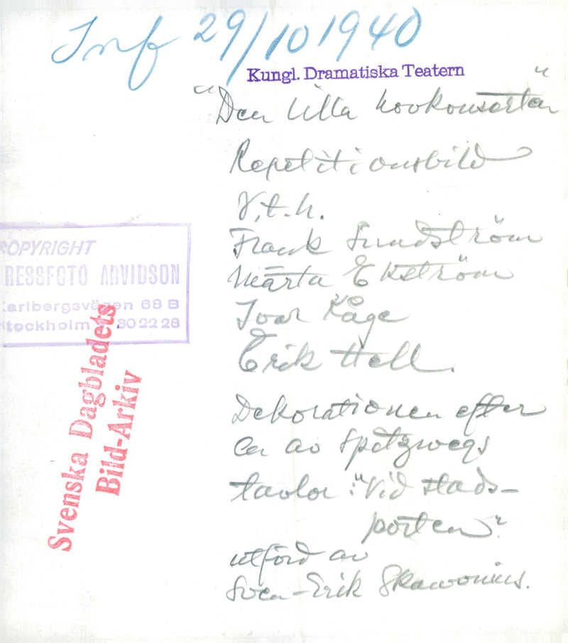 Frank SundstrÃ¶m, MÃ¤rta EkstrÃ¶m, Ivar KÃ¥ge and Erik Hell during the rehearsal of "The Little Hov Concert" at Dramaten - Vintage Photograph