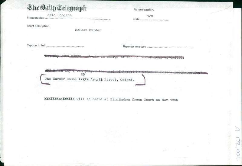 Murder of Rachel McLean crime scene. - Vintage Photograph