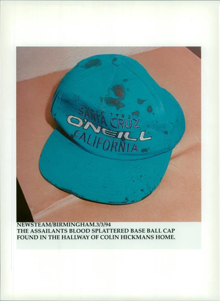 The assailants blood splattered baseball cap. - Vintage Photograph