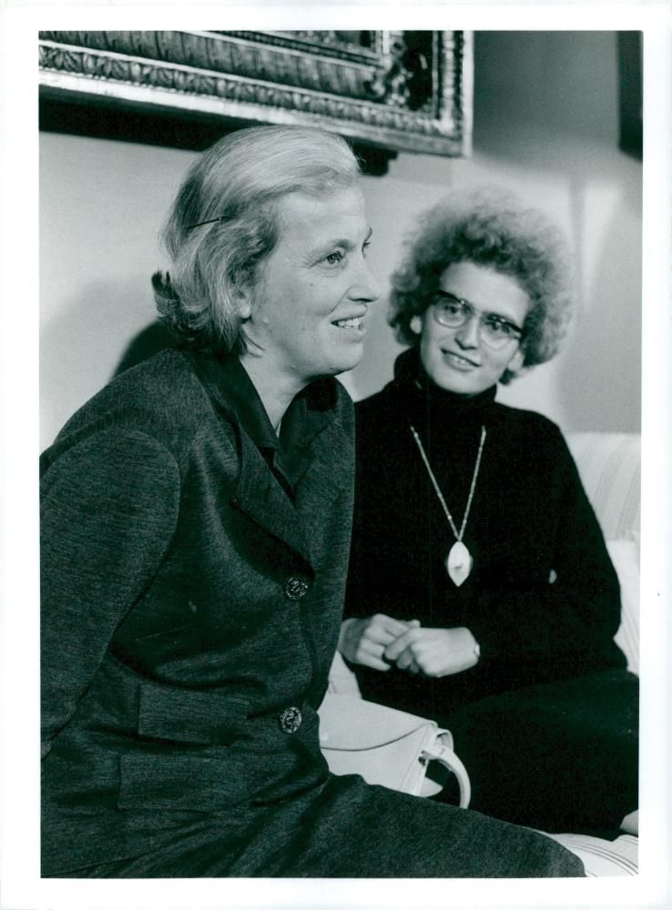 Dorothy Crowfoot Hodgkin with daughter Elizabeth at press reception - Vintage Photograph