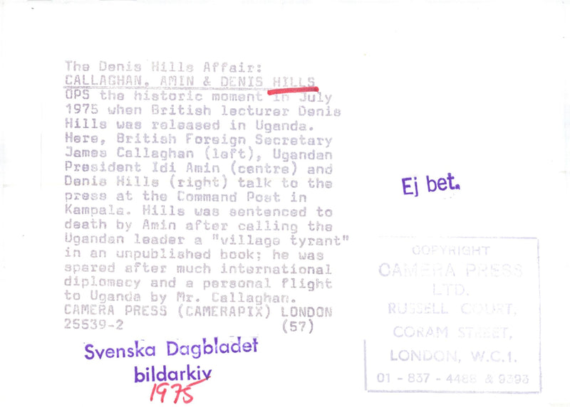 English writer Denis Hills along with James Callaghan and Ugandan president Idi Amin after Denis Hills released in 1975. - Vintage Photograph