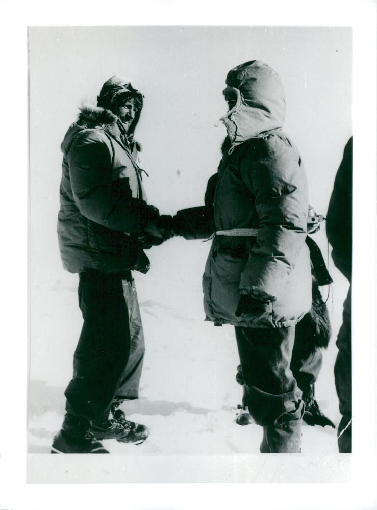 Edmund Hillary, Alpineist and Polar Scientist, during one of his expeditions. - Vintage Photograph